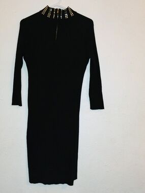 Black Stud-Embellished Mock Neck Bodycon Dress